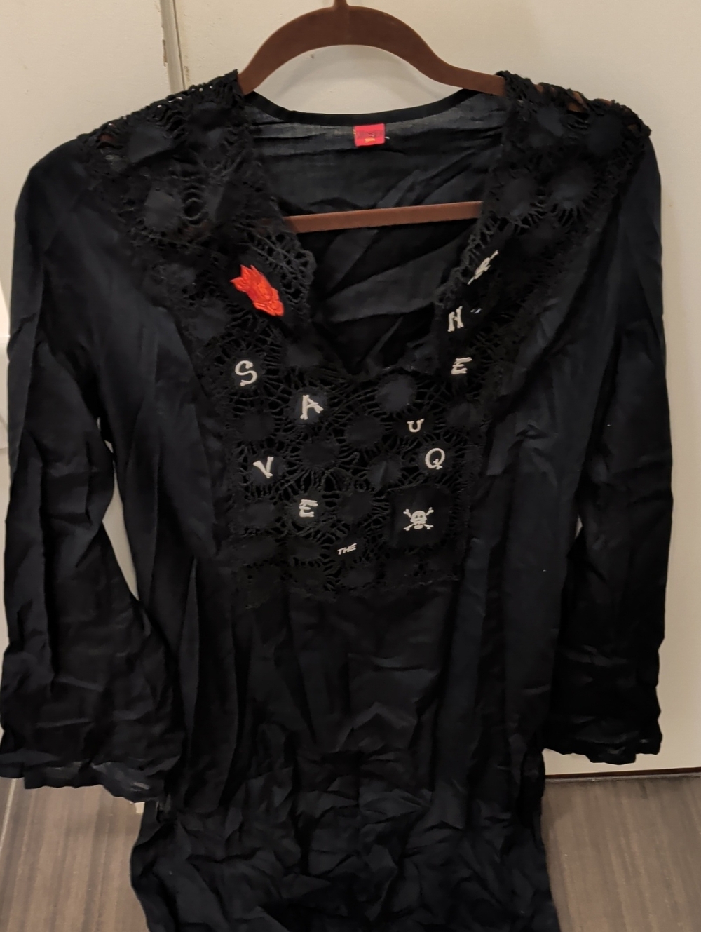 Save The Queen Black Embroidered V-Neck Women's Long Shirt